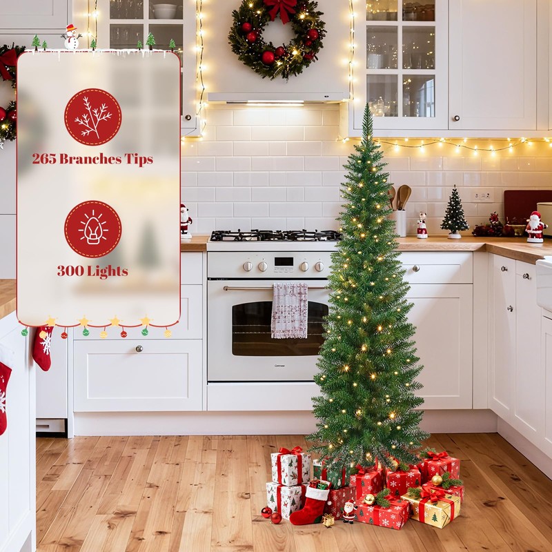 5FT Pre-Lit Pencil Christmas Tree with 300 LED Lights, Artificial
