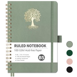 RETTACY Spiral Notebook, B5 Lined Journal Notebook with 140 Numbered Pages, 7.6" × 10", Medium Size, Journal Notebook for Work, School, Writing, Leather Hardcover, 100 GSM Thick Paper (Light Green)