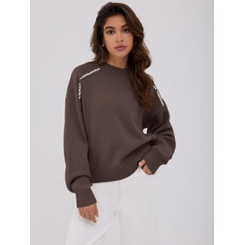 ZAFUL Womens Sweaters Contrast Long Sleeve Cute Knit Pullover Tops 2025 Fashion Chocolate Brown Fall Winter Teacher Outfits Coffee M