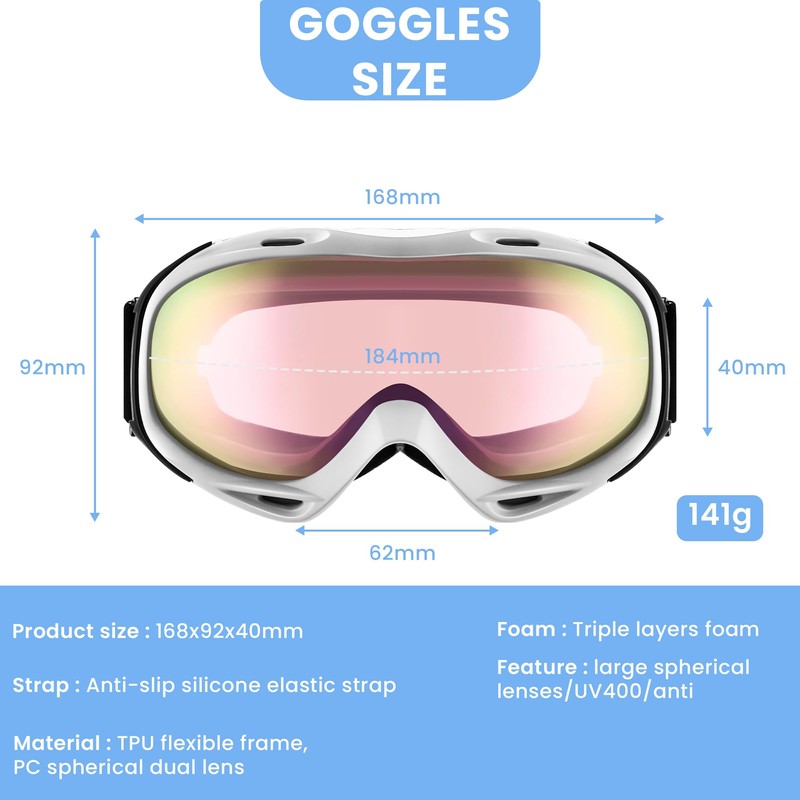JRZHX Premium Ski Goggles for Men & Women, Anti-Fog Snowboarding