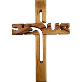 Logos Trading Post Holy Land Olive Wood Jesus Cut Out Hanging Wall Cross from Israel, Small, Hand Carved Olive Wood from Jerusalem, 4.75"