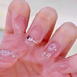 Pure Handmade Nails Press on Nail Reusable Fake Nails Short Nude Pink Rhinestones Medium Stick on Nails French Tip False Nails 10pcs (M, Q042)
