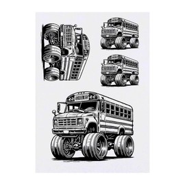 4 x 'Monster Truck School Bus' Temporary Tattoos - Water Resistant, Skin-Safe, Non-Toxic Transfers, Mixed Sizes (TO00083292)