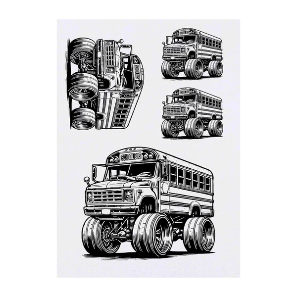 4 x 'Monster Truck School Bus' Temporary Tattoos - Water