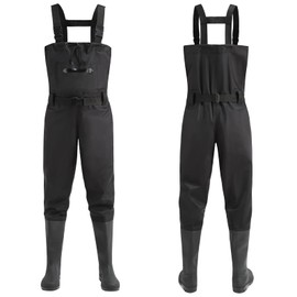 bluaqua Men Women Thickening Fishing Pants with Boots Waders Chest Pockets Adjustable Straps Nylon Waders Fishing Pants