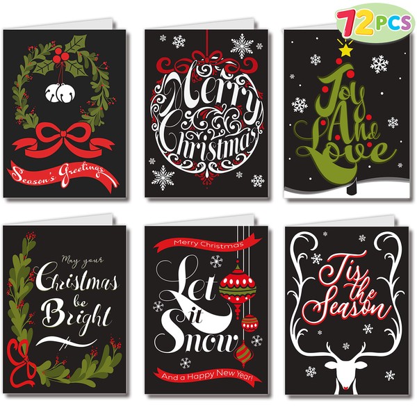 72 Piece Holiday Christmas Greeting Cards with 6 Artistic Greeting Designs & Envelopes 6.25” x 4.6" for Winter Christmas Season, Holiday Gift Giving, Xmas Gifts Cards.