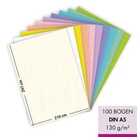 MarpaJansen Coloured drawing paper in pastel shades, matt, DIN A5, 100 sheets, 10 colours, 130 g/m² thick paper for creative and artistic purposes, blue angel certified