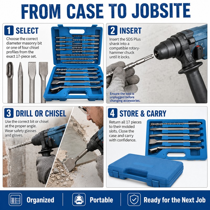 17-Piece SDS Plus Drill Bit and Chisel Set for Masonry
