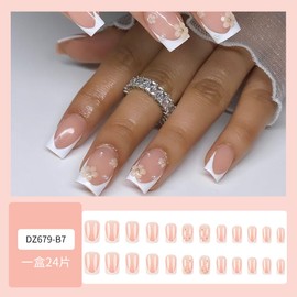 French Tip Press o Nails Square,3D White Pearl Flower Press on Nails Medium, Glossy Glue on Nails Natural Full Cover False Nail Tips Short Stick on Nails Artificial Finger Manicure for Women Girls