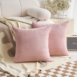Demetex Pink Cushion Covers 45cm x 45cm Soft Plush Cushion Cases Corduroy Striped Pillowcases for Girls Women Valentine Gifts, 45x45 cm, Set of 2, Pink