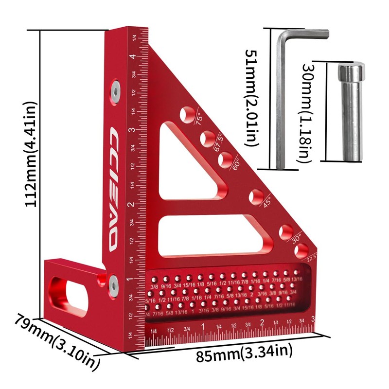 3D Carpenter Square with Degrees Scriber, 22.5-90 Degree Drawing Line