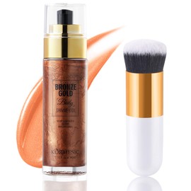 Body Shimmer Oil, Body Glow Oil with Makeup Brush, Non-sticky Face and Body Glow Shimmer, Body Luminizer Liquid Highlighter Oil, Lightweight Moisturizing Shimmer Lotion for Women (Bronze Gold)