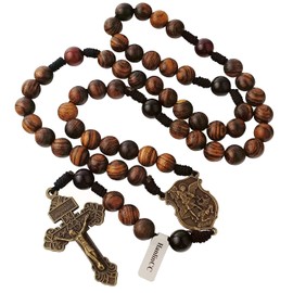 HanlinCC 10mm Handmade Solid Wood Beads with Agate Stone Our Father Beads Catholic Rosary Necklace for Men with St.Michael Center Piece and Pardon Crucifix (Anti-Bronze St.Michael Rosary)