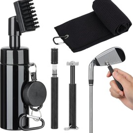 Golf Club Cleaner Brush with Retractable Clip and Squeeze Water Bottle Holds 5 Ounces of Water, Best Golf Essentials Accessories Gift for Men:_Black（4-piece set）
