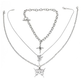 MenYiYDS 925 Sterling Silver Necklace Shiny Butterfly Tassel Necklace Female Three Layer Pendant Clavicle Chain Wedding Party Jewellery, Sterling Silver Sterling silver Zircon