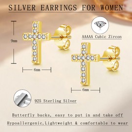 Cangall Gold Stud Earrings for Women, 925 Sterling Silver Cross Stud Earrings with Zircon, Dainty CZ Sleeper Cartilage Cross Studs Earrings Gold, Trendy Earrings Charms Jewelry Gifts for Girls Teen