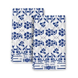 Blue Kitchen Towels Decorative Set of 2, Absorbent Boho Floral Dish Towels for Kitchen Drying Cleaning, Cute Tea Towels Hand Towels for Kitchen Bar Bathroom Decor,Housewarming Gifts for Women