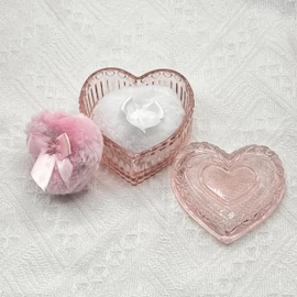 WHSLILR Body Powder Puff and Container - Glass Heart Dusting Powder Container with 2 Soft Puffs – Vintage Powder Puff Case for Women & Girls-GRB007-Pink