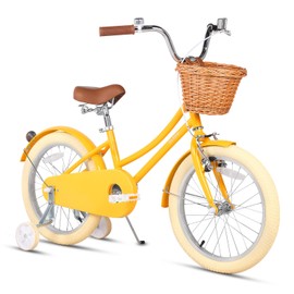 Glerc Little Molly 18 inch Kids Retro Cruiser Bike Bicycle for Girls Ages 4 5 6 7 8 9 Year Old with Wicker Basket & Traning Wheels & Kickstand & Bell for Birthday Gift Yellow