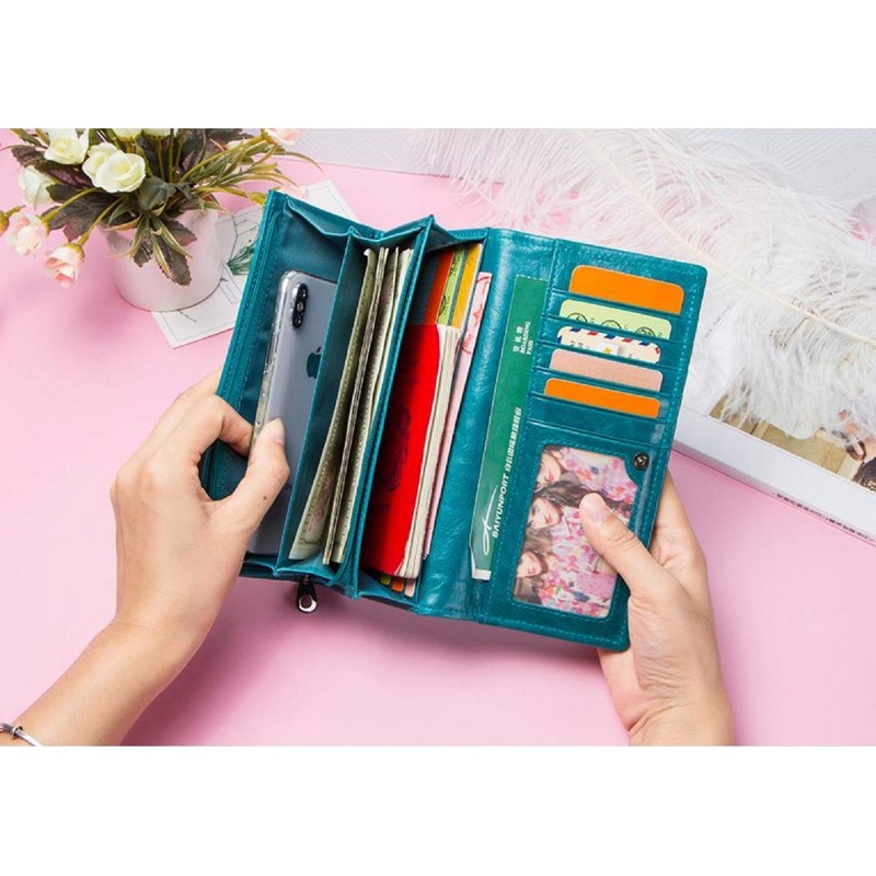 CONTACTS Genuine Leather Women Wallet RFID and Multifunctional Slim Bifold