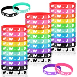 Cunno 30 Pcs WWJD Rubber Bracelets for Kids What Would Jesus Do Bracelets Bulk Religious Colorful Inspirational Christian Wristbands Gifts for Teen Kids Church Events Party Favors