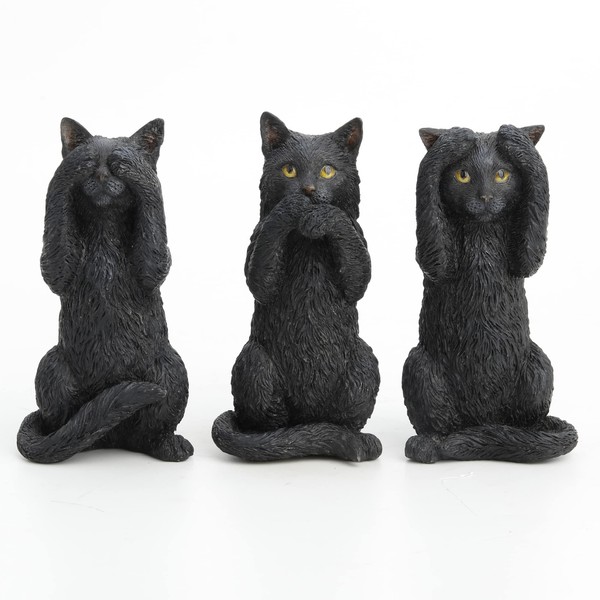 3 Wise Black Kittens Cat - Hear, Speak, See No Evil - Figurine Miniature 3.75"H New