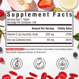 Iron Supplement 65mg with Vitamin C, Stomach Friendly Carbonyl Iron, High Absorption, Once Daily, Gluten Free, Non-GMO, 120 Tabs