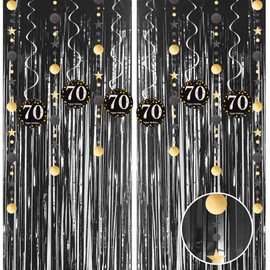 Black 70th Birthday Decorations, Tinsel Foil Fringe Curtain & Hanging Swirls Party Decorations Set for Women 70th Birthday Party Hanging Banner Door Tinsel Curtain Streamers