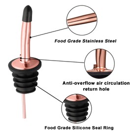 WAFJAMF 4 Pcs Liquor Pour Spouts, Stainless Steel Liquor Bottle Pourers with Rubber Dust Caps and Cleaning Brush,for Pours Liquid, Olive Oil, Wine (Rose Gold-4 Pcs)