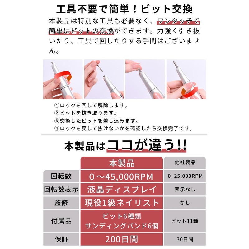 【現役1級ネイリスト監修】 ネイルマシン プロ用 ネイルオフマシーン 回転数0-45000 ネイルマシーン 「高回転でも振動が少ない！コードレスの利便性も兼ね備えたプロ仕様」 (ピンク)