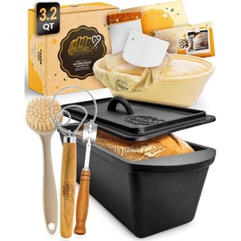 Cast Iron Bread-Pan with Lid - incl. Sourdough Bread Baking Supplies - like Banneton Bread-Proofing Basket - 7.2QT Bread-Oven Dutch, Oven for Bread-Baking Cast Iron Pan Scoring Tool Lame Kit - Color: 3.2QT Bread Pan