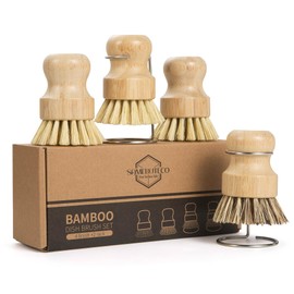SAMEBUTECO 6-Piece Bamboo Dish Brush Set with 2X Fast-Dry Stainless Steel Holder,3xNatural Sisal Bristle Brush & 1xPalm Bristle Kitchen Cleaning Brushes for Dishes, Pots, Pans & Sink