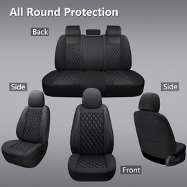 GEEYONTEK Premium Leather Car Seat Covers Full Set,Universal Fit for Cars,Trucks&SUVs,Waterproof Car Seat Cushion,Full Coverage Car Seat Protector with 5 Seats,Black