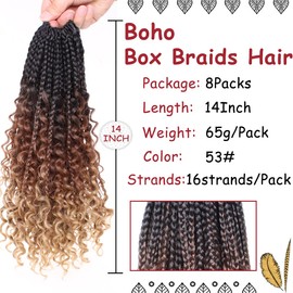 Beverlee 14 Inch Boho Braids - 128 Strands Pre-Looped Synthetic Crochet Hair for Black Women - Bohemian Messy Box Braids with Curly Ends