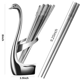 AnSaw Silver Swan Base Holder With 5 Pairs 304 Stainless Steel Chopsticks Reusable Metal Square Chopsticks Anti-slip And Anti-scalding Chopsticks 18/8