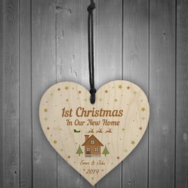RED OCEAN 1st Christmas In New Home Bauble Wooden Heart 1st Christmas Bauble Xmas Decoration