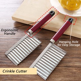 koofull Crinkle Cutter Knife Stainless Steel Cutting Tool for Potato Carrot Chip Vegetable French Fry, Wavy Chopper Wave Slicer Steel Blade, Kids Lunch Accessories (Longer Red Handle)