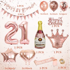 21st Birthday Decorations For Her, Rose Gold Birthday Decoration, Birthday Party Decorations Set With Rose Gold Balloons, Happy Birthday Banner, Champagne Balloon，Triangle Flag Banner