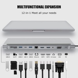 USB C Laptop Docking Station, 12 in 1 Type C Hub Multiport Adapter Dongle with Monitors, Dual HDMI, VGA, PD, Ethernet, SD/TF, USB C/A Ports, Mic/Audio, Dual Memory Card Slots