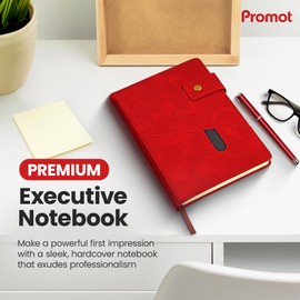 Promot PU Leather Notebook with Pen - A5 Lined Daily Journals for Writing Men Women, Executive Hardcover Notebook for Work, Travel Diary, Gift Idea, 200 Pages, Elastic Pocket, Bookmark, Strap, Red