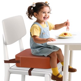 Toddler Booster Seat for Dining Table and Kitchen Chair – Adjustable Safety Straps, PU Leather, Non-Slip, Easy to Clean, Portable Travel Foam Booster Cushion for Kids & Toddlers (Brown)