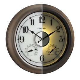 CLXEAST Illuminated Outdoor Clocks Waterproof 18 Inch with Smart Sensor,Large Outdoor Pool Clock with Temperature & Hygrometer,Grey Oak/Faux Barnwood,House Warming Gifts New Home