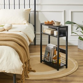 IBUYKE Narrow Side Table with Storage Shelf, 3 Tier End Table,Modern Sofa Table,Small Nightstand with Magazine Rack,Telephone Table for Small Spaces,for Living Room, Bedroom,Black UTMZ001B