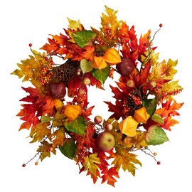 Nearly Natural 24in. Autumn Maple Leaf and Berries Fall Artificial Wreath