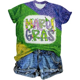 YZMI Womens Mardi Gras Queen Shirts Vintage Short Sleeve Graphic Tee Carnival Costume Shirts Purple XL