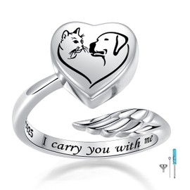 Sterling Silver Urn Rings for Ashes for Women: Angel Wing Cremation Jewelry Rings for Ashes of Loved Ones - Cat Dog Memorial Keepsake Open Adjustable Ring Jewelry for Women, Metal, Cubic Zirconia