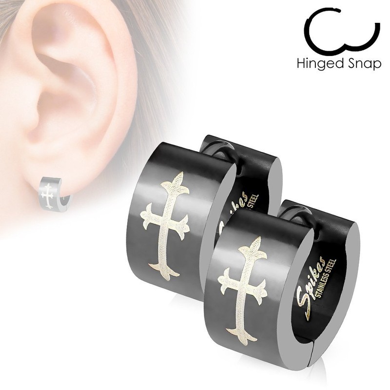 Folding Creole Earrings Cross Black Men Women Stainless Steel Cross