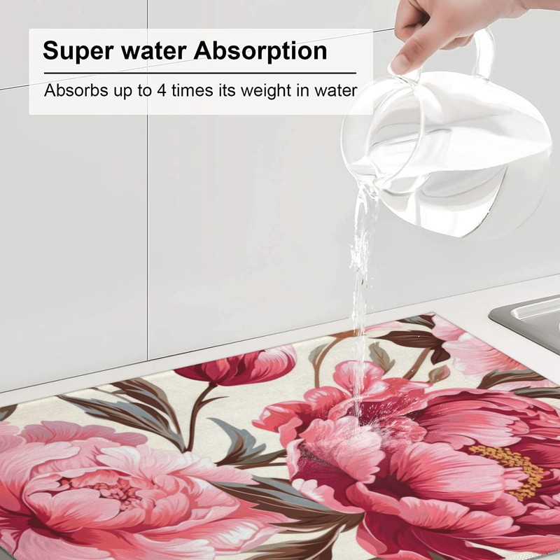 Pink Peony Dish Drying Mats for Kitchen Counter, Absorbent Reversible