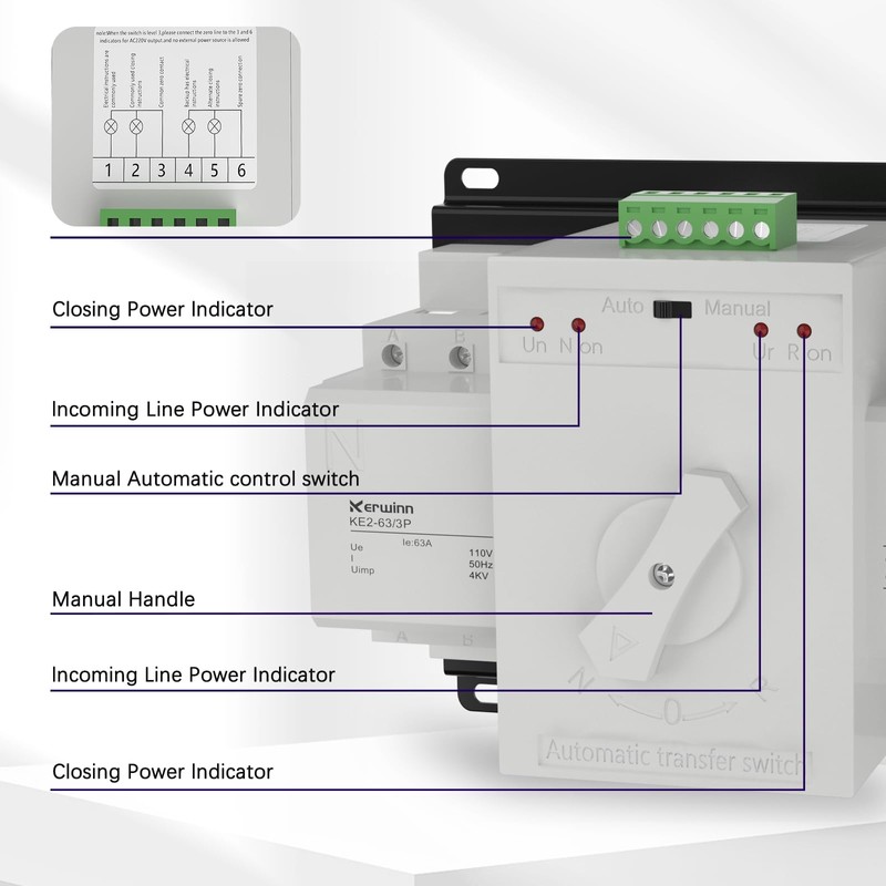KERWINN Dual Power Automatic Transfer Switch 110V 63A Outdoor Generator