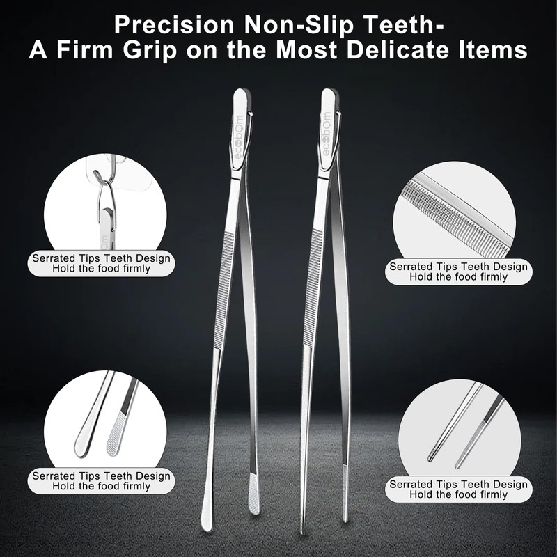 2 Pcs 12-Inch Stainless Steel Kitchen Tweezers, Dual-Tip Serrated Tongs